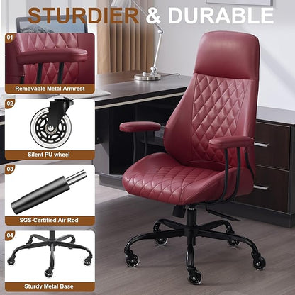 Home Office Desk Chair, Ergonomic High Back Leather Computer Chair with Lumbar Support, Adjustable Height & Recline, Swivel Executive Office Chair with Armrests and Rubber Casters, Red