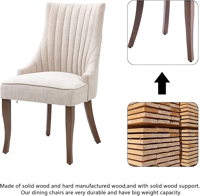 mikibama Linen Dining Chairs Set of 2 Channel Tufted Kitchen Dinner Chair Comfy Fabric Upholstered Accent Chair for Dining Room with Solid Wood Legs (Beige)