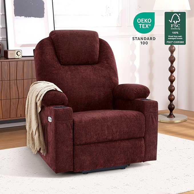 MCombo Power Lift Recliner Chair for Elderly, Lift Chair with Heat and Massage for Tall People, USB&Type C Ports, Extended Footrest, Cup Holders, Fabric 7516(Large,Sangria)
