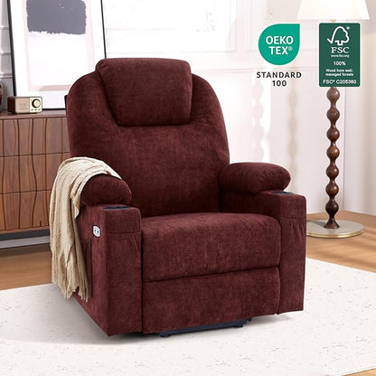 MCombo Power Lift Recliner Chair for Elderly, Lift Chair with Heat and Massage for Tall People, USB&Type C Ports, Extended Footrest, Cup Holders, Fabric 7516(Large,Sangria)