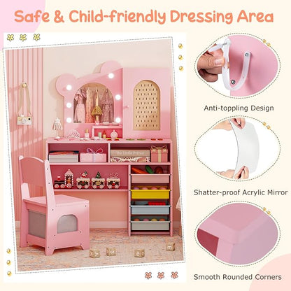 Costzon Kids Vanity with Lights, Girls Vanity Set with Mirror, Storage Drawers, Cabinet & Shelves, Toddler Makeup Vanity Desk Dressing Table, Wooden Kids Vanity Table and Chair Set (Pink)