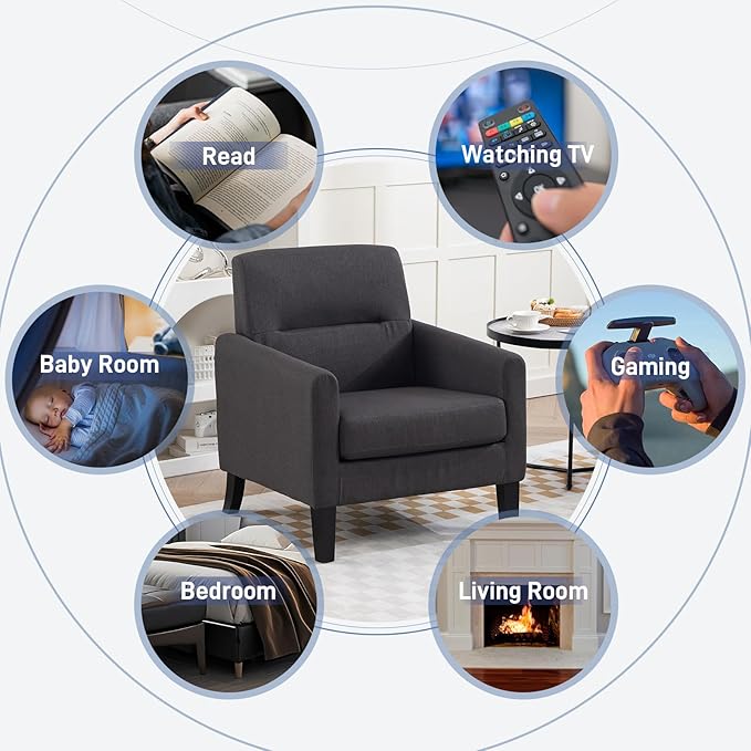 Accent Chair, Mid Century Modern Living Room Chairs Comfy Reading Chair with Upholstered Cushion Relax Armchair for Bedroom Apartment,Office, Dark Grey