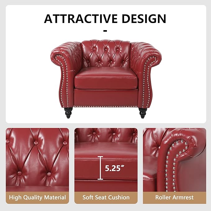 2 Piece Living Room Sofa Set, 3 Seater Faux Leather Sofa Couch and Chair Set, Mid Century Modern Upholstered Couch with Cushions, Comfy Tufted Chesterfield Couches for Bedroom, Office (Wine Red)