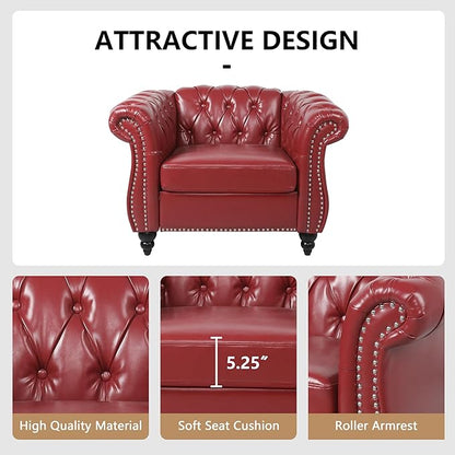 2 Piece Living Room Sofa Set, 3 Seater Faux Leather Sofa Couch and Chair Set, Mid Century Modern Upholstered Couch with Cushions, Comfy Tufted Chesterfield Couches for Bedroom, Office (Wine Red)
