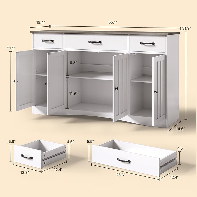 Gizoon Sideboard Buffet Cabinet with Storage, Modern Kitchen Sideboard and Coffee Bar with Drawers and Doors, Wood Buffet Table for Dining Room, 15.2" D x 55.1" W x 31.9" H, White/Grey