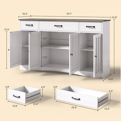 Gizoon Sideboard Buffet Cabinet with Storage, Modern Kitchen Sideboard and Coffee Bar with Drawers and Doors, Wood Buffet Table for Dining Room, 15.2" D x 55.1" W x 31.9" H, White/Grey