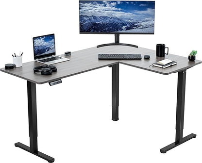 VIVO Corner Standing Desk, 63 x 47 inch Reversible L-Shaped Workstation, Electric Height Adjustment, Home, Office, and Reception Rooms, Dark Gray Table Top Black Frame, DESK-E3CTG-47