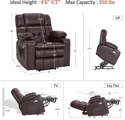 MCombo Dual Motor Small Power Lift Recliner Chair for Elderly, Lay Flat Lift Chair with Heat and Massage, Petite Lift Chair, Cup Holders, Faux Leather 7893 (Dark Brown, Small)