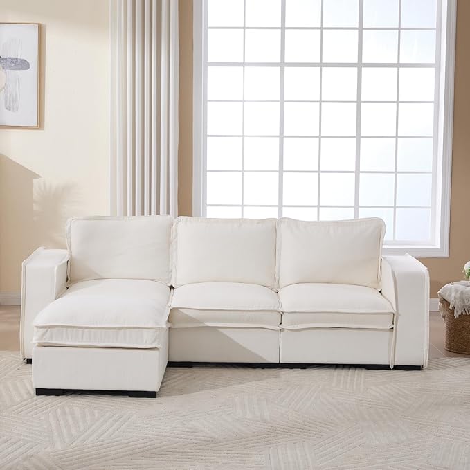 Modern Sectional Sofa for Living Room, Upholstered 3-Seater Modular Couches Linen Fabric L-Shaped Sofa with Ottoman for Home Furniture, White