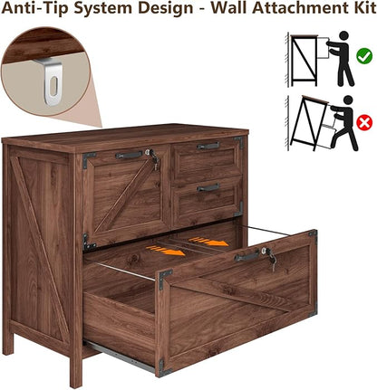 Lateral File Cabinet with 4 Drawers, Farmhouse File Cabinet for Letter/Legal/A4 Size Hanging Files, Large Wood File Storage Cabinets Printer Stand for Home Office Cabinets, Brown with Lock