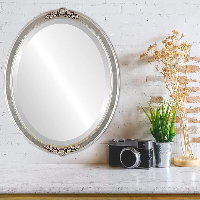 OVALCREST Oval Beveled Wall Mirror for Home Decor - Athena Style - Silver Leaf with Brown Antique - 26" x 20" Outside Dimensions