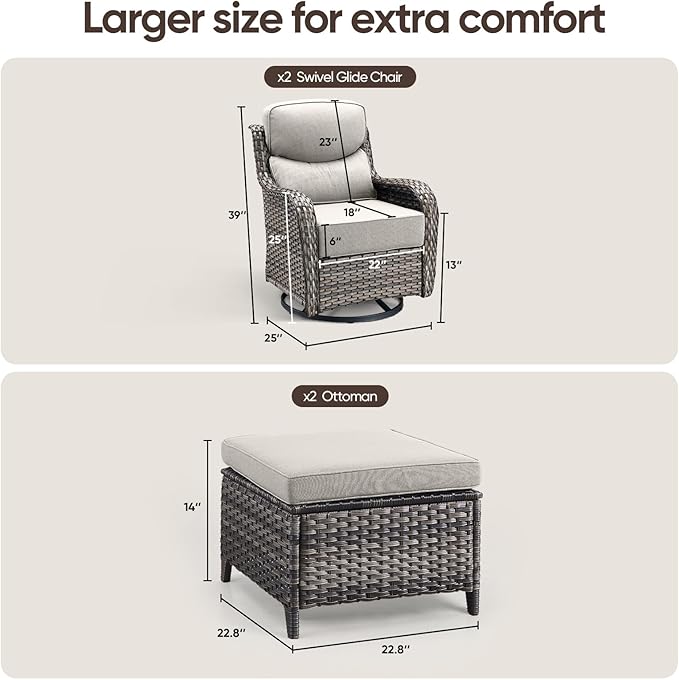 Swivel Patio Chairs Sofa Set of 4 with 6" Thick Cushion - Wicker Outdoor Swivel Rocker Patio Chair with Side Table, High Back Comfortable Outdoor Glider Chairs - Grey Wicker | Beige Cushions