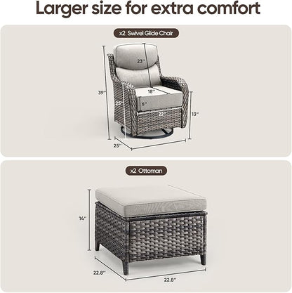 Swivel Patio Chairs Sofa Set of 4 with 6" Thick Cushion - Wicker Outdoor Swivel Rocker Patio Chair with Side Table, High Back Comfortable Outdoor Glider Chairs - Grey Wicker | Beige Cushions