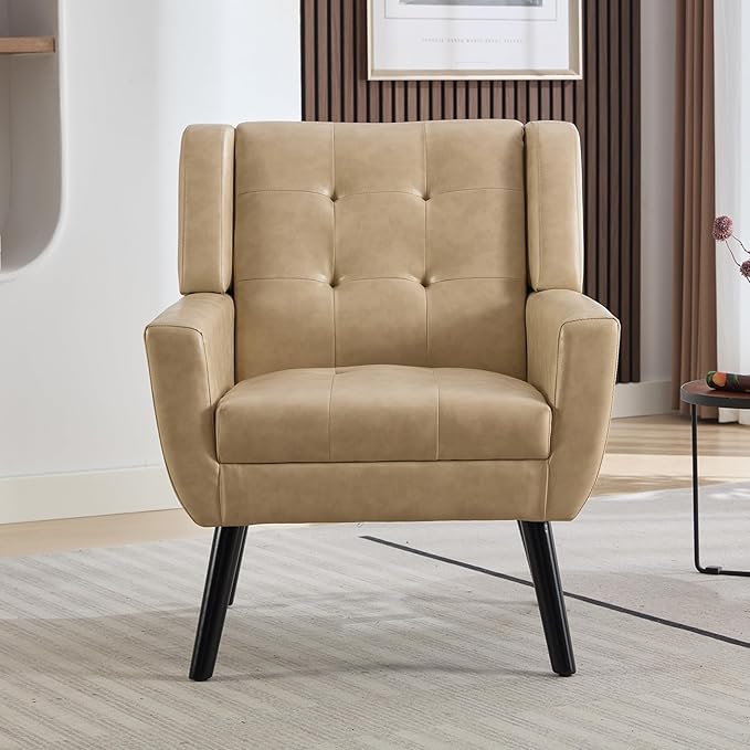 Dolonm Midcentury Modern Leather Accent Chair with Arms, Upholstered Reading Side Chair Tufted Back Decorative Wingback Chair for Living Room Bedroom (Khaki-PU)