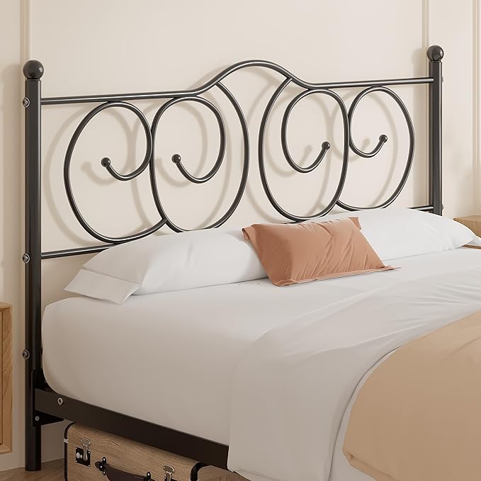 VECELO Metal Queen Size Headboard, Heavy Duty Curved Headboard Only Height Adjustable, Easy to Assembly, Farmhouse Victorian Style for Bedroom - Black, Queen