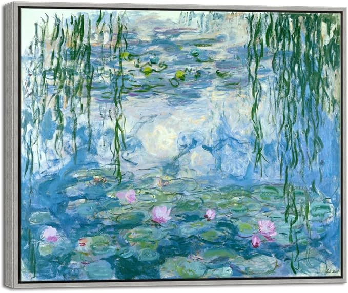 Wieco Art Framed Wall Art Water Lilies by Claude Monet Canvas Print Paintings Reproduction Modern Canvas Wall Art for Home and Office Decoration Abstract Artwork Silver Frame