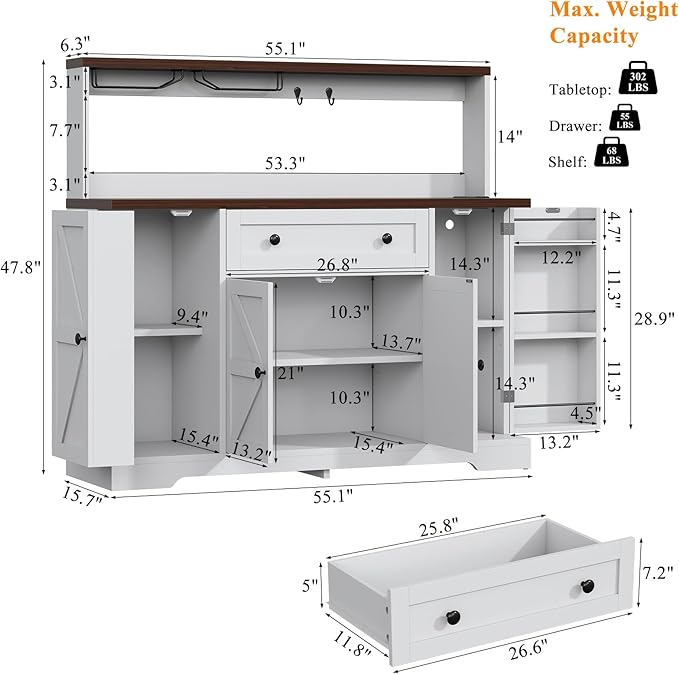 Hutch Storage Buffet Cabinet with Drawers, and Charging Station, Coffee Bar Cabinet with Barn Doors, Wine Rack and Hooks, White Wood Sideboard Buffet for Kitchen, Dining Room, 47.8" High