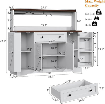 Hutch Storage Buffet Cabinet with Drawers, and Charging Station, Coffee Bar Cabinet with Barn Doors, Wine Rack and Hooks, White Wood Sideboard Buffet for Kitchen, Dining Room, 47.8" High