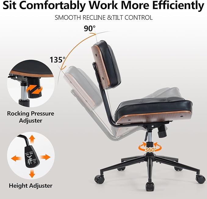 Armless Computer Chair, Small Desk Chair with Wheels and Adjustable Height, PU Leather Modern Swivel Walnut Task Chair for Home Office, Study, Library, Black