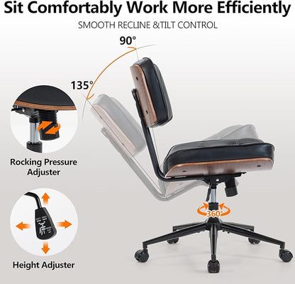Armless Computer Chair, Small Desk Chair with Wheels and Adjustable Height, PU Leather Modern Swivel Walnut Task Chair for Home Office, Study, Library, Black