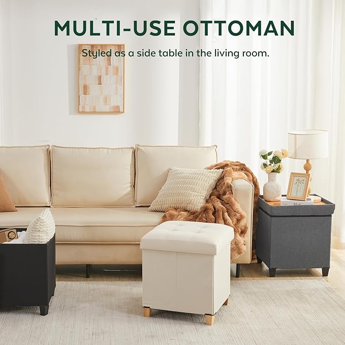 17.7" Ottoman with Storage, Square Storage Ottoman for Dorm, Linen Ottomans with Legs for Living Room, Bedroom, Beige