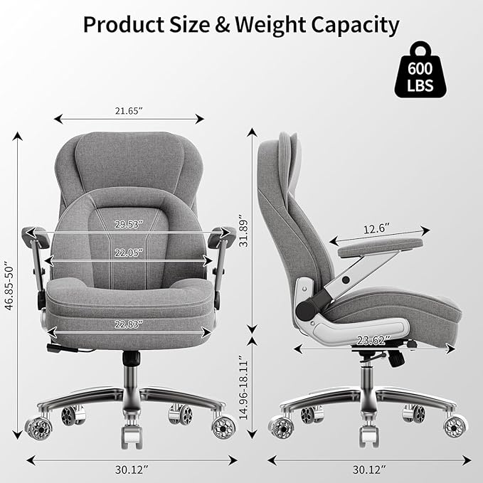 Big and Tall Office Chair, 600lbs Heavy Duty Desk Chair with 5D Arms, Adjustable Lumbar Support & Height, Tilt Function, Fabric High Back Ergonomic Executive Computer Chair with 3'' Casters
