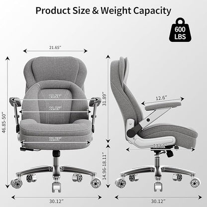 Big and Tall Office Chair, 600lbs Heavy Duty Desk Chair with 5D Arms, Adjustable Lumbar Support & Height, Tilt Function, Fabric High Back Ergonomic Executive Computer Chair with 3'' Casters