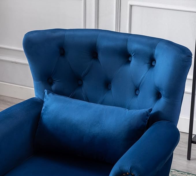 Mid Century Modern Accent Chair Upholstered Armchair Comfy Velvet Fabric Single Sofa with Tufted Wingback for Small Spaces Bedroom Living Room, Blue