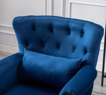 Mid Century Modern Accent Chair Upholstered Armchair Comfy Velvet Fabric Single Sofa with Tufted Wingback for Small Spaces Bedroom Living Room, Blue