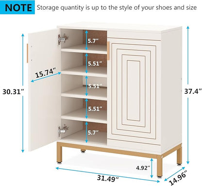 Tribesigns Shoe Cabinet with Doors, 20 Pairs Entryway Shoe Storage Cabinet with Shelves, 5-Tier Modern Free Standing Shoe Racks Storage Organizer for Closet, Living Room, Bedroom (White/Gold)