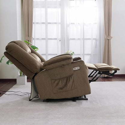 MCombo Oversized Power Lift Recliner Chair with Massage and Heat for Big and Tall Elderly People, Cup Holders, USB Ports, Side Pockets, Fabric R7541 (Brown, Large-Oversize)