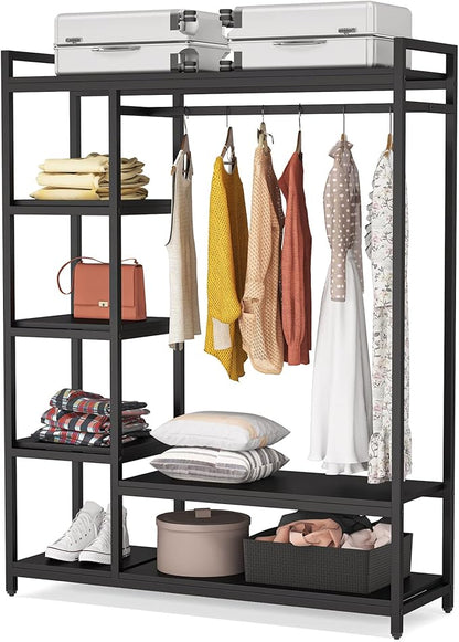 LITTLE TREE Free Standing Wood Closet Clothes Rack,Heavy Duty Grament Rack with Shelves,Hanging Racks for Clothes Clothing Rack for Bedrom,Wardrobe Closet Organizer,350 lb Capacity,Black