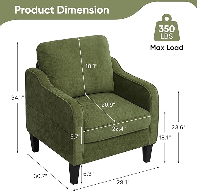 Accent Chairs Set of 2, Upholstered Living Room Chair with Side Pockets, Mid Century Modern Reading Chair for Bedroom, Comfy Armchair Single Sofa Side Chair for Office, Small Room, Olive Green