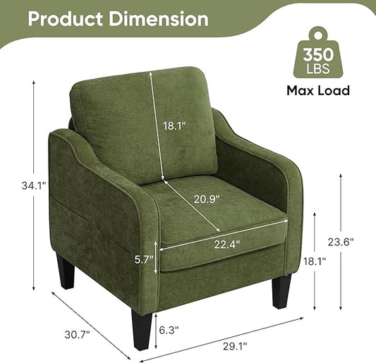 Accent Chairs Set of 2, Upholstered Living Room Chair with Side Pockets, Mid Century Modern Reading Chair for Bedroom, Comfy Armchair Single Sofa Side Chair for Office, Small Room, Olive Green