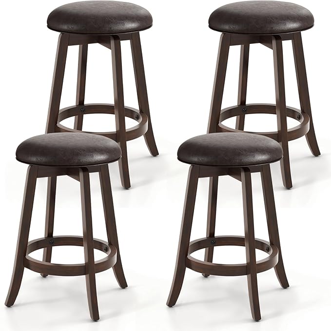 COSTWAY 24-Inch Swivel Bar Stools Set of 4, Upholstered Barstools w/PU Leather Seat & Solid Rubber Wood Legs, Mid-Century Backless Round Counter Height Stools w/Footrest for Kitchen Home Bar