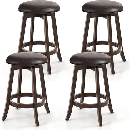 COSTWAY 24-Inch Swivel Bar Stools Set of 4, Upholstered Barstools w/PU Leather Seat & Solid Rubber Wood Legs, Mid-Century Backless Round Counter Height Stools w/Footrest for Kitchen Home Bar