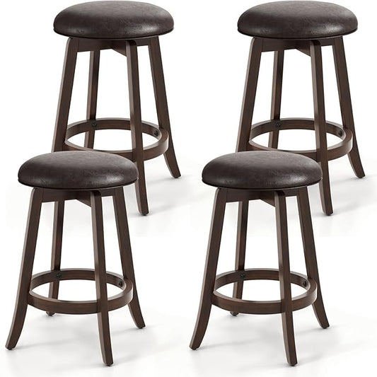 COSTWAY 24-Inch Swivel Bar Stools Set of 4, Upholstered Barstools w/PU Leather Seat & Solid Rubber Wood Legs, Mid-Century Backless Round Counter Height Stools w/Footrest for Kitchen Home Bar