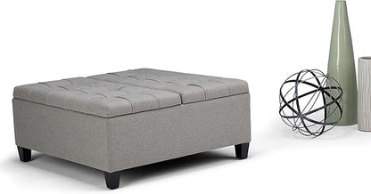 SIMPLIHOME Harrison 36 inch Wide Transitional Square Coffee Table Storage Ottoman in Dove Grey Linen Look Fabric, Assembled, for the Living Room and Bedroom