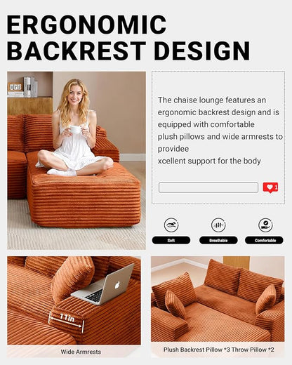 108" Cloud Sectional Couch,Modern Modular Sectional Sofa with Deep Seat,Corduroy Boneless Couches with L-Shape Chaise for Living Room,No Assembly Required (Orange, Right Facing Chaise + Ottoman)