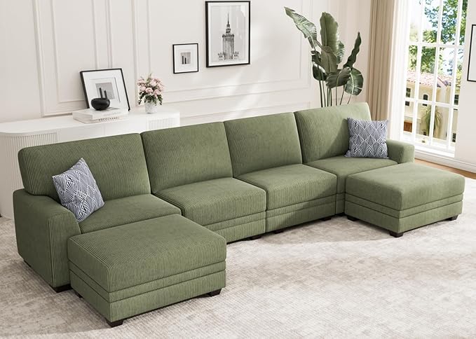 Wanderwell Oversized Modular Sectional Sofa, 6-Seater U Shaped Couches with Movable Ottoman,Corduroy Sectional Couch with Wide and Deep Seats Suitable for Living Room,Bedroom,Apartment (Olive, U-6)