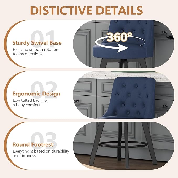 MINCETA Set of 2 Upholstered Bar Stools - 26 Inch Swivel Counter Height Stools with Low Tufted Back, Footrest & Performance Fabric - Round Seat for Kitchen Island & Home Bar Blue