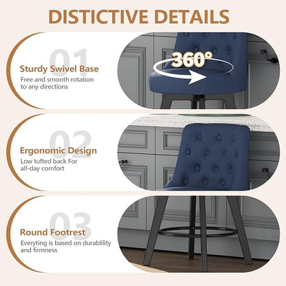 MINCETA Set of 2 Upholstered Bar Stools - 26 Inch Swivel Counter Height Stools with Low Tufted Back, Footrest & Performance Fabric - Round Seat for Kitchen Island & Home Bar Blue