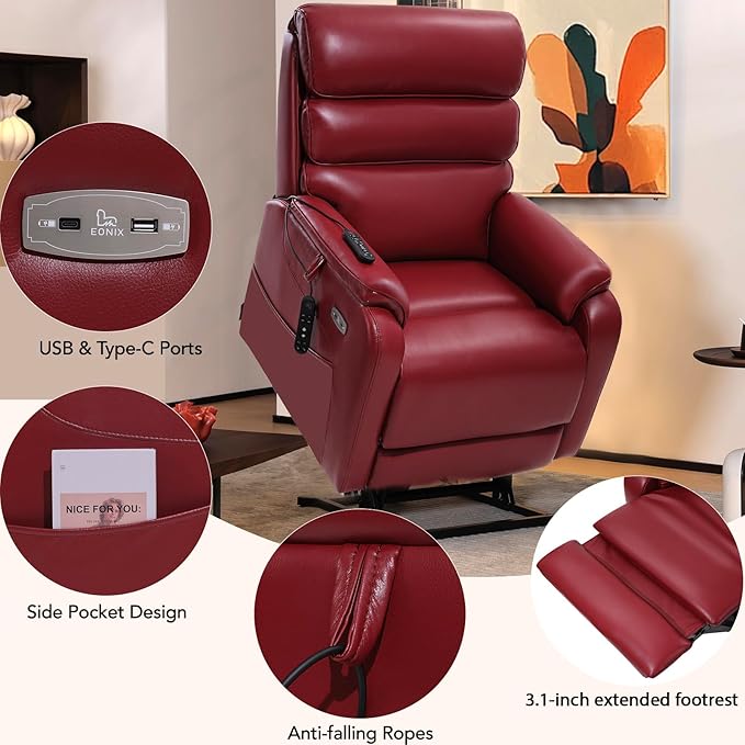 EONIX Dual Motor Lay Flat Power Lift Recliner Chair for Elderly, Breathable Faux Leather Electric Lift Chairs for Adults, 400lbs Heavy Duty Power Recliner with Heat and Massage, SLRY003061, Burgundy