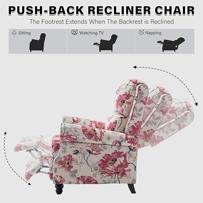 UIXE Floral Pushback Recliner Chairs Set of 2, Fabric Overstuffed Armchair Push Back Accent Chair for Living Room, Rivet Trim Club Chair Home Theater Single Sofa Bedroom Reading Seat