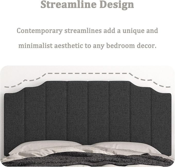 Queen Size Headboard Only, Linen Wall Mounted Headboard Queen/Full Size for Adjustable Bed, Modern Vertical Channel Design with Curved Tufted Upholstered Head Board, Dark Gray