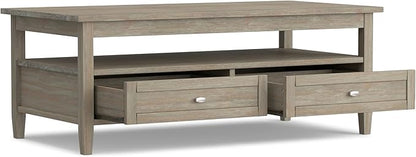 SIMPLIHOME Warm Shaker Coffee Table - 48 inch Wide Solid Wood Cocktail Table in Distressed Grey, Transitional Living Room Table with 2 Storage Drawers and Open Shelf for Sitting Area or Lounge