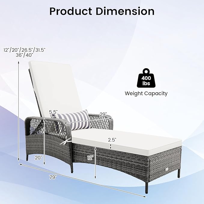 COSTWAY PE Rattan Chaise Lounge Chair, 6 Gear Adjustable Recliner with Armrest & Pillow, Wicker Outdoor Furniture for Deck, Patio (1, Gray)