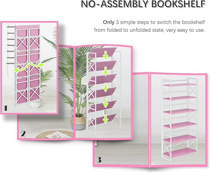 4NM 6 Tiers No Assembly Book Shelves, 61.8" H Folding Bookshelf Bookcase Open Industrial Foldable Shelves for Bedroom, Living Room, Home Office - Pink White