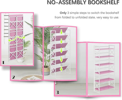 4NM 6 Tiers No Assembly Book Shelves, 61.8" H Folding Bookshelf Bookcase Open Industrial Foldable Shelves for Bedroom, Living Room, Home Office - Pink White