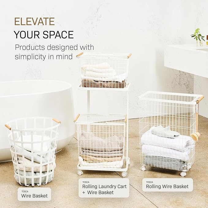 Yamazaki Home Wire Slim Saving Rolling Wheeled Clothing Hamper | Steel + Wood | Laundry Basket, One Size, White